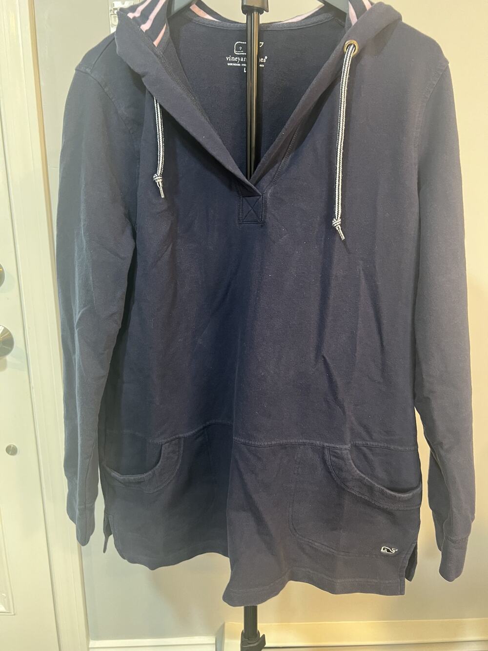 Vineyard Vines Navy Blue Tunic Hoodie Striped Hood Sweatshirt L EUC